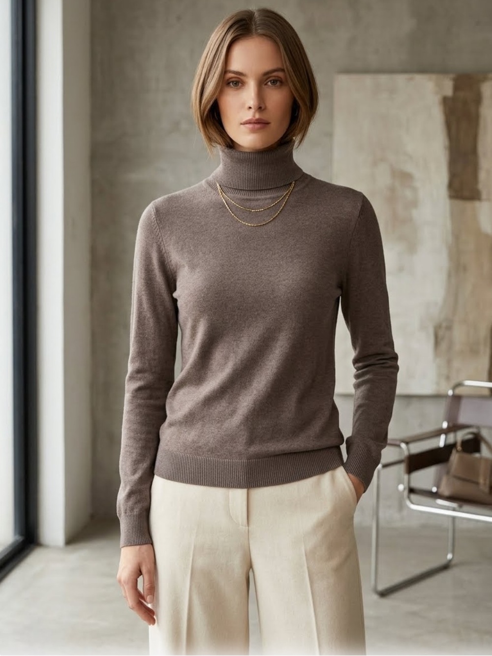 Moda International cashmere silk turtleneck sweater brown classic size L minimal